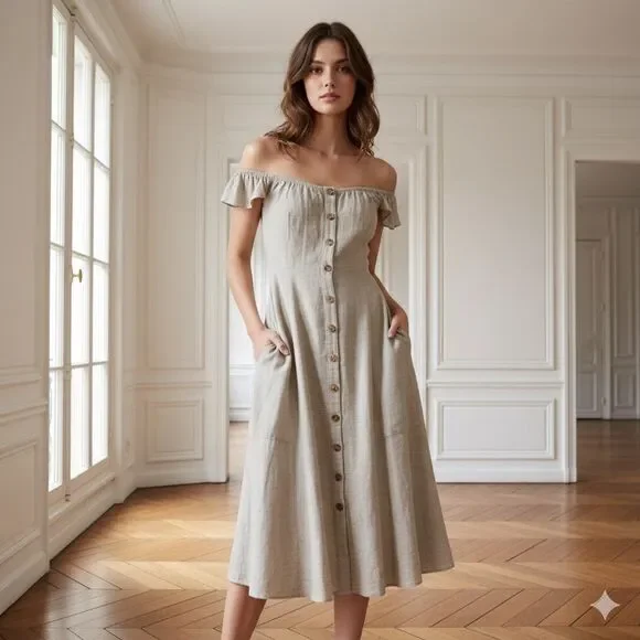 Dress Forum Linen Blend Off Shoulder Smocked Back Dress in Natural | Small - Picture 1 of 6